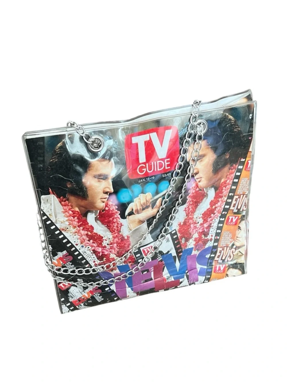 Vintage Elvis TV Guide tote bag with chain strap